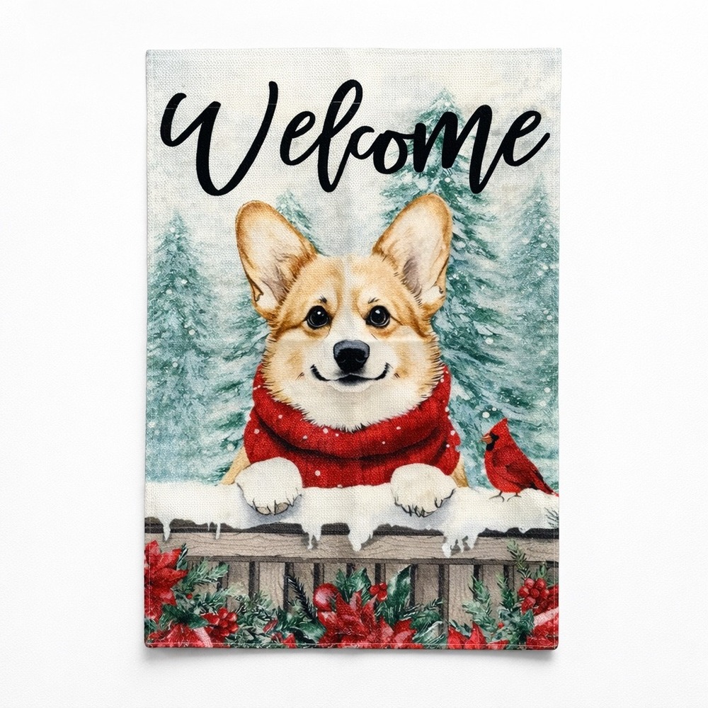 Christmas Corgi Welcome Garden Flag Winter Holiday Dog Outdoor Decor 12x18